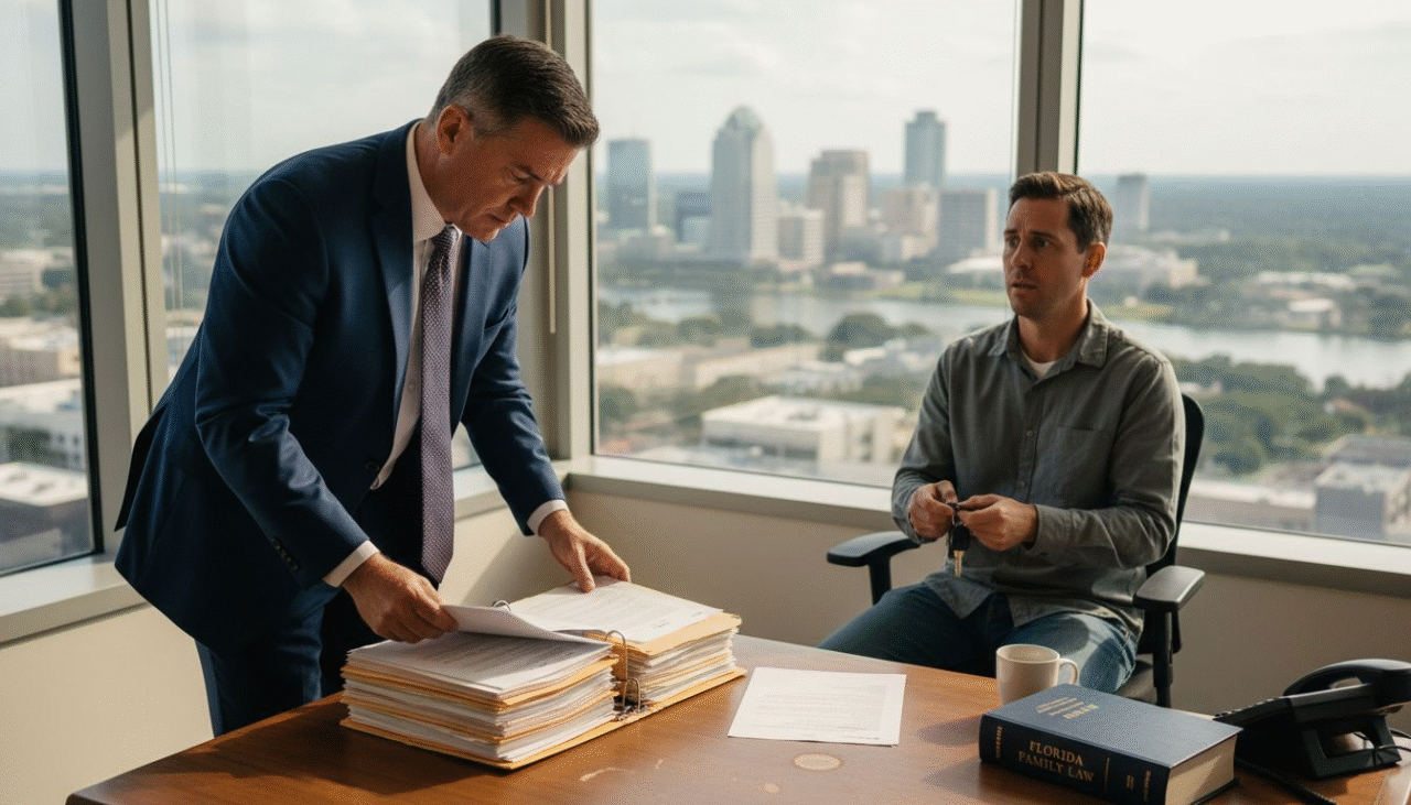 Attorney advising client in Florida law office