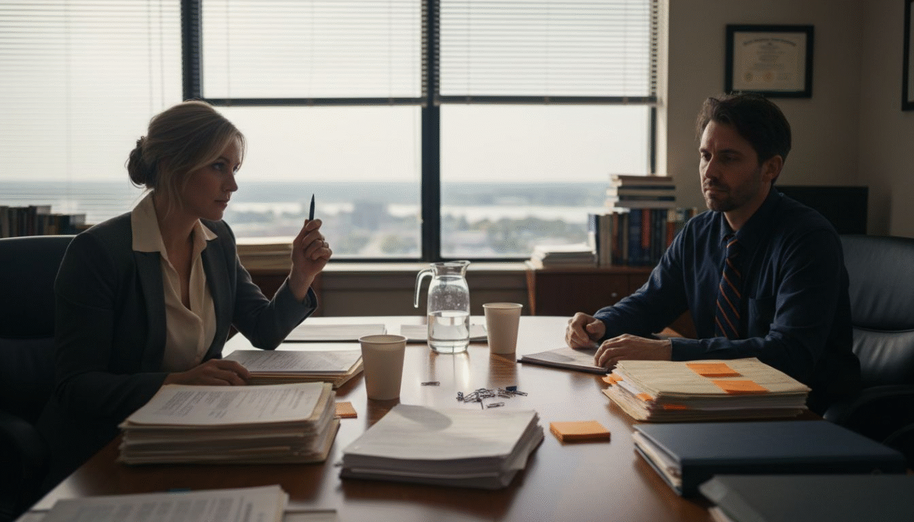 Divorcing couple reviewing paperwork in law office
