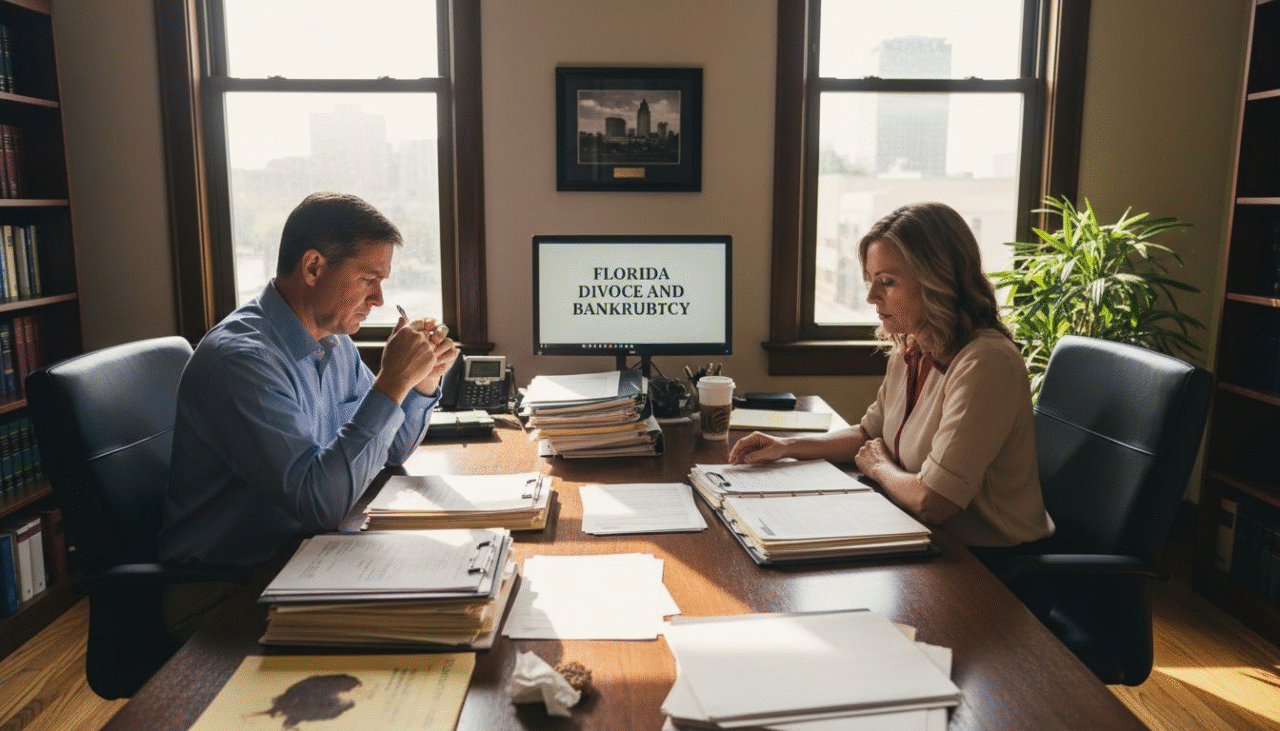 Couple handling divorce and bankruptcy papers