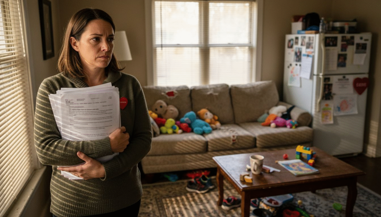 Woman holding legal papers in apartment