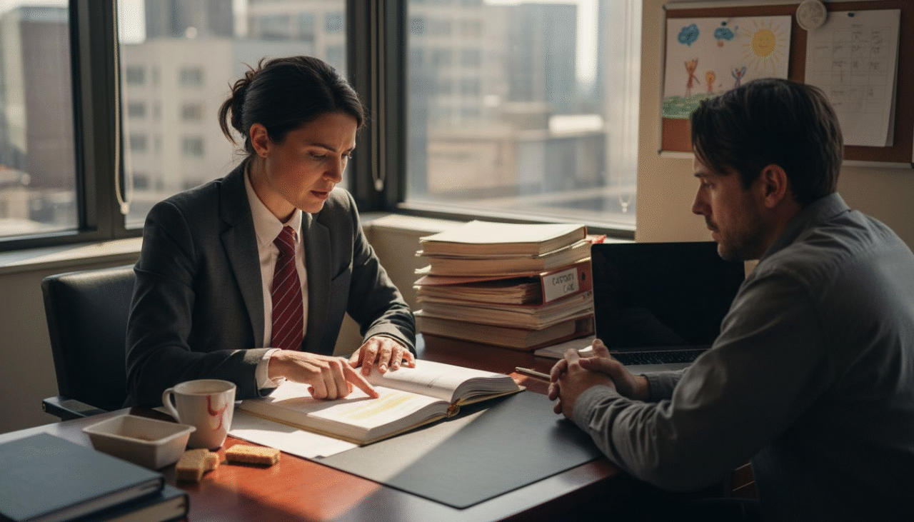 Family lawyer consulting with parent over custody paperwork