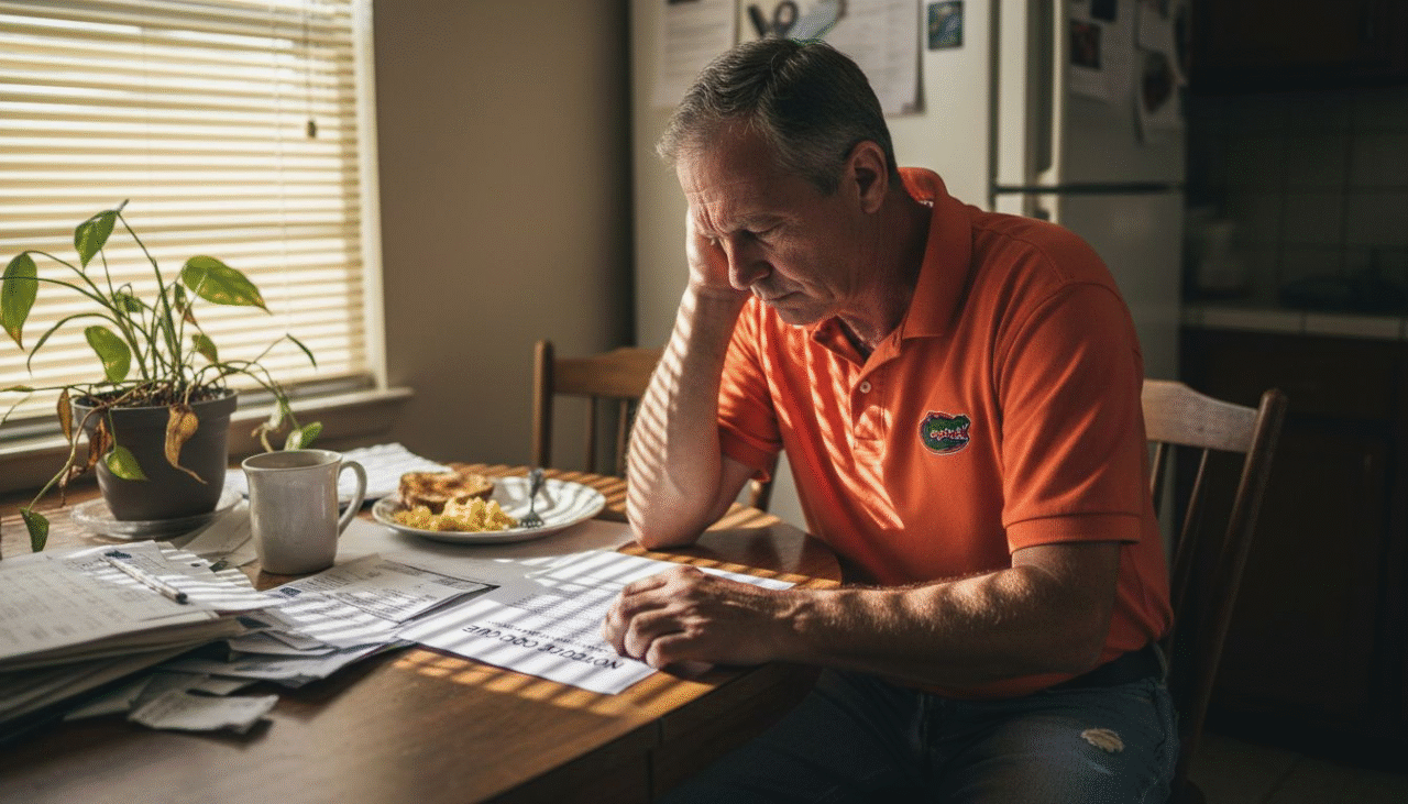 Worried Florida homeowner reviewing foreclosure paperwork