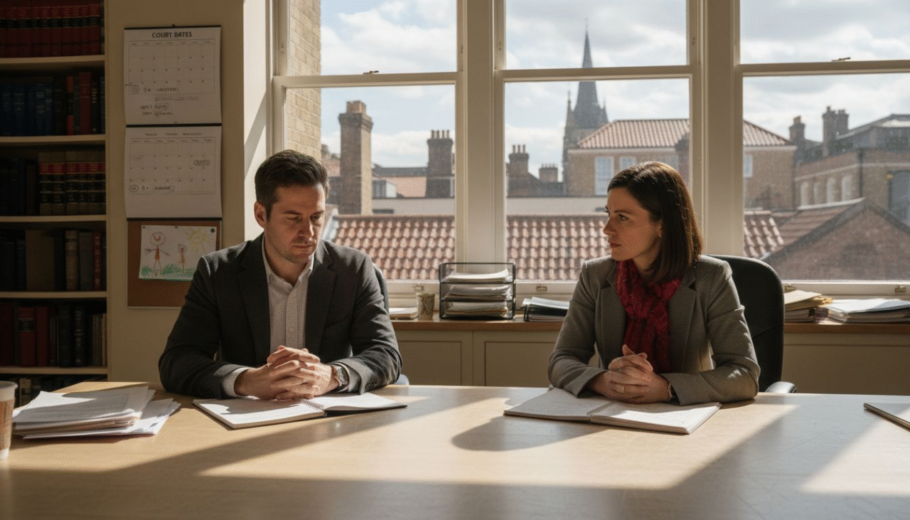 Divorced parents discussing custody with lawyer