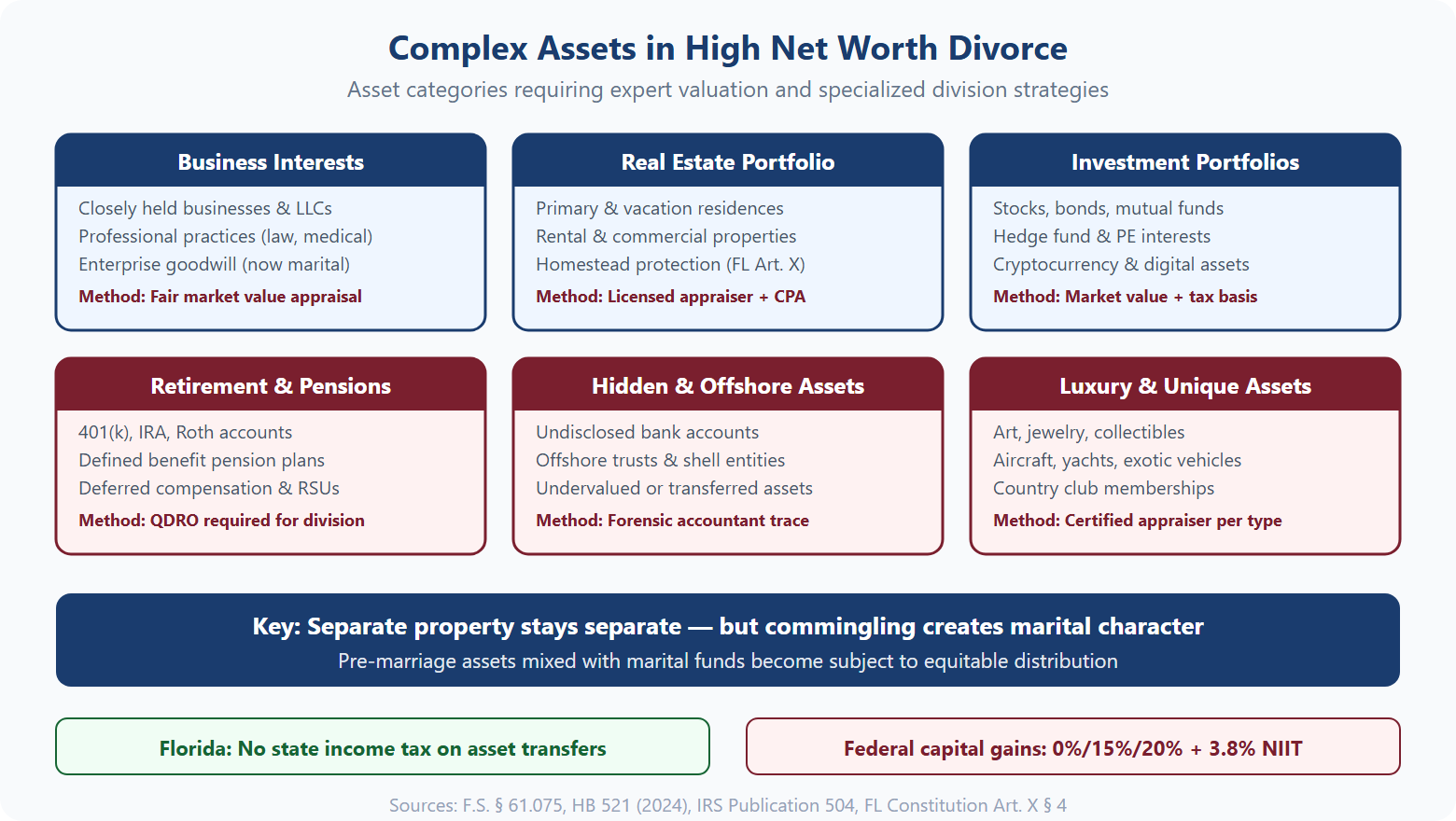Chart showing 6 categories of complex assets in high net worth divorce including business interests, real estate, investments, retirement, hidden assets, and luxury items