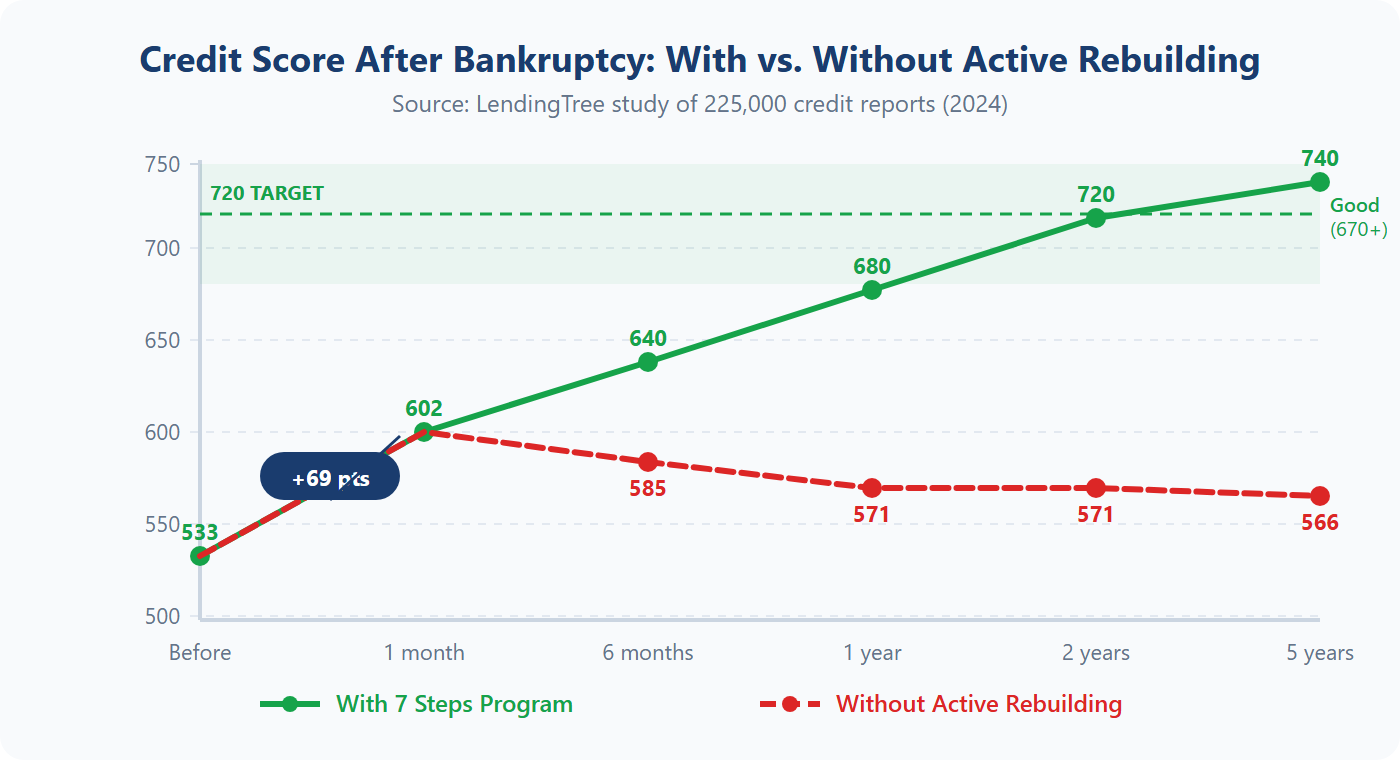 Line chart showing credit score trajectory after bankruptcy: with active rebuilding scores rise from 533 to 720 in 2 years, without rebuilding scores decline to 566