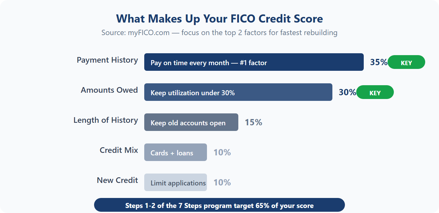 Horizontal bar chart showing FICO score components: Payment History 35%, Amounts Owed 30%, Length of History 15%, Credit Mix 10%, New Credit 10%