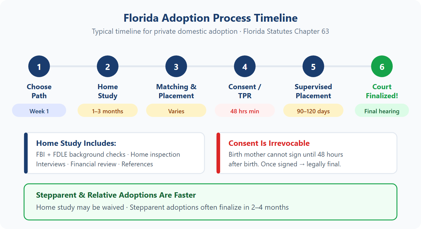 Timeline chart showing 6 steps of Florida adoption process: choose path, home study, matching, consent, supervised placement, and court finalization