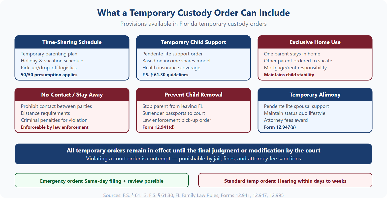 Chart showing 6 types of provisions available in Florida temporary custody orders including time-sharing, child support, home use, no-contact, removal prevention, and alimony