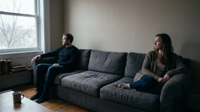 Husband and wife sitting at opposite ends of a sofa, looking away from each other