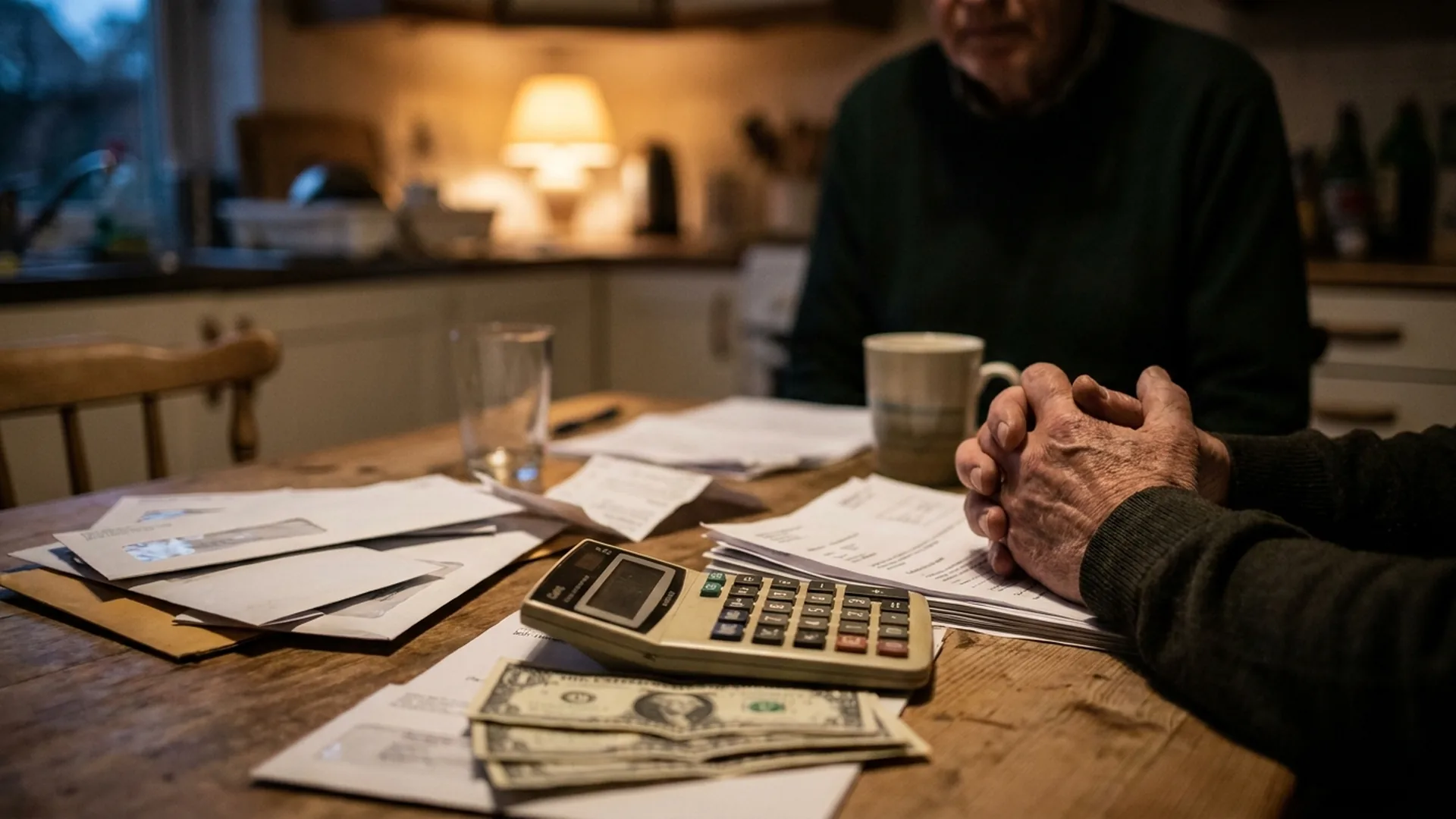 Unpaid bills and a calculator on a kitchen table showing financial stress in a marriage