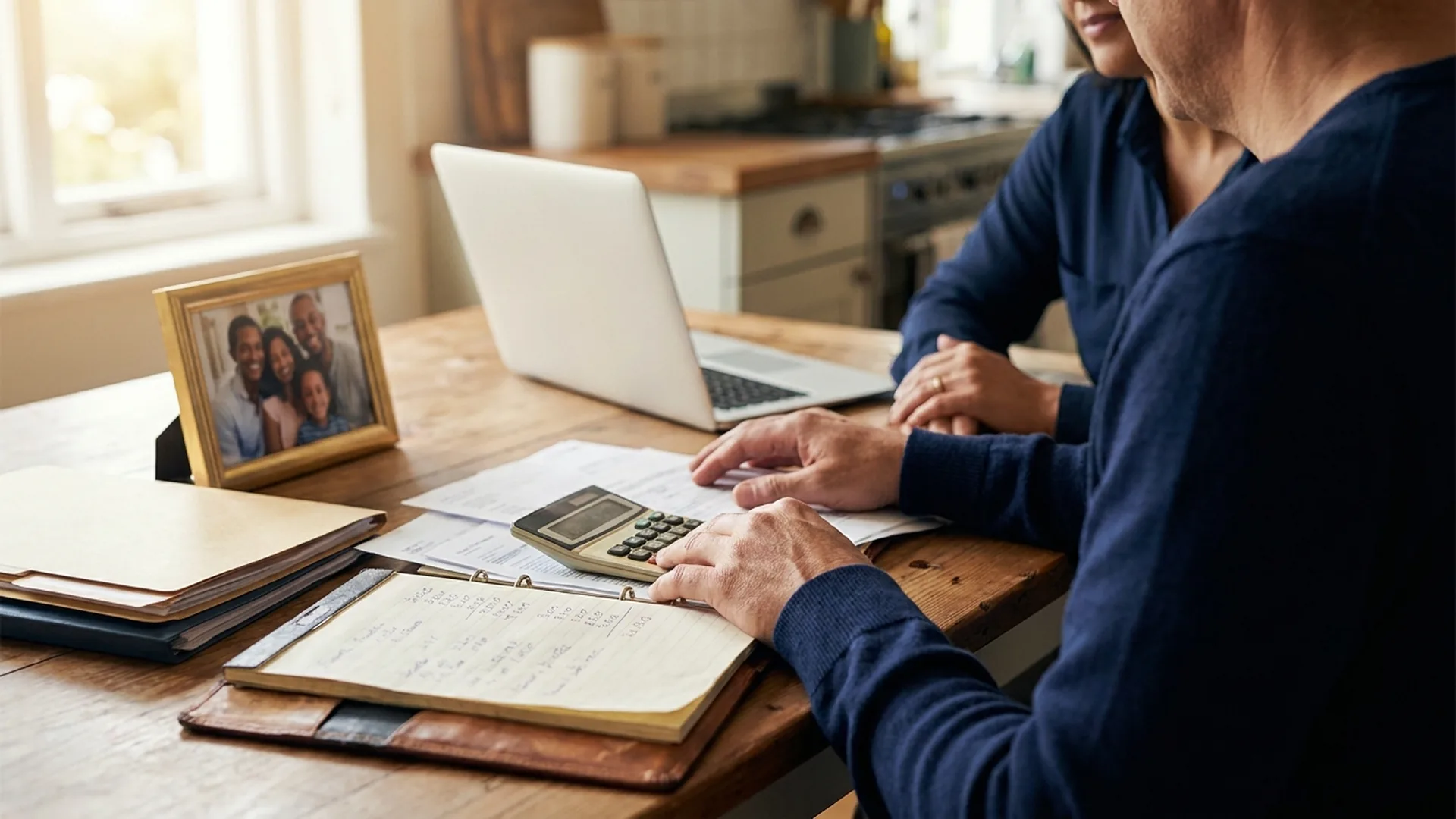Couple planning their Florida adoption budget with a calculator and paperwork