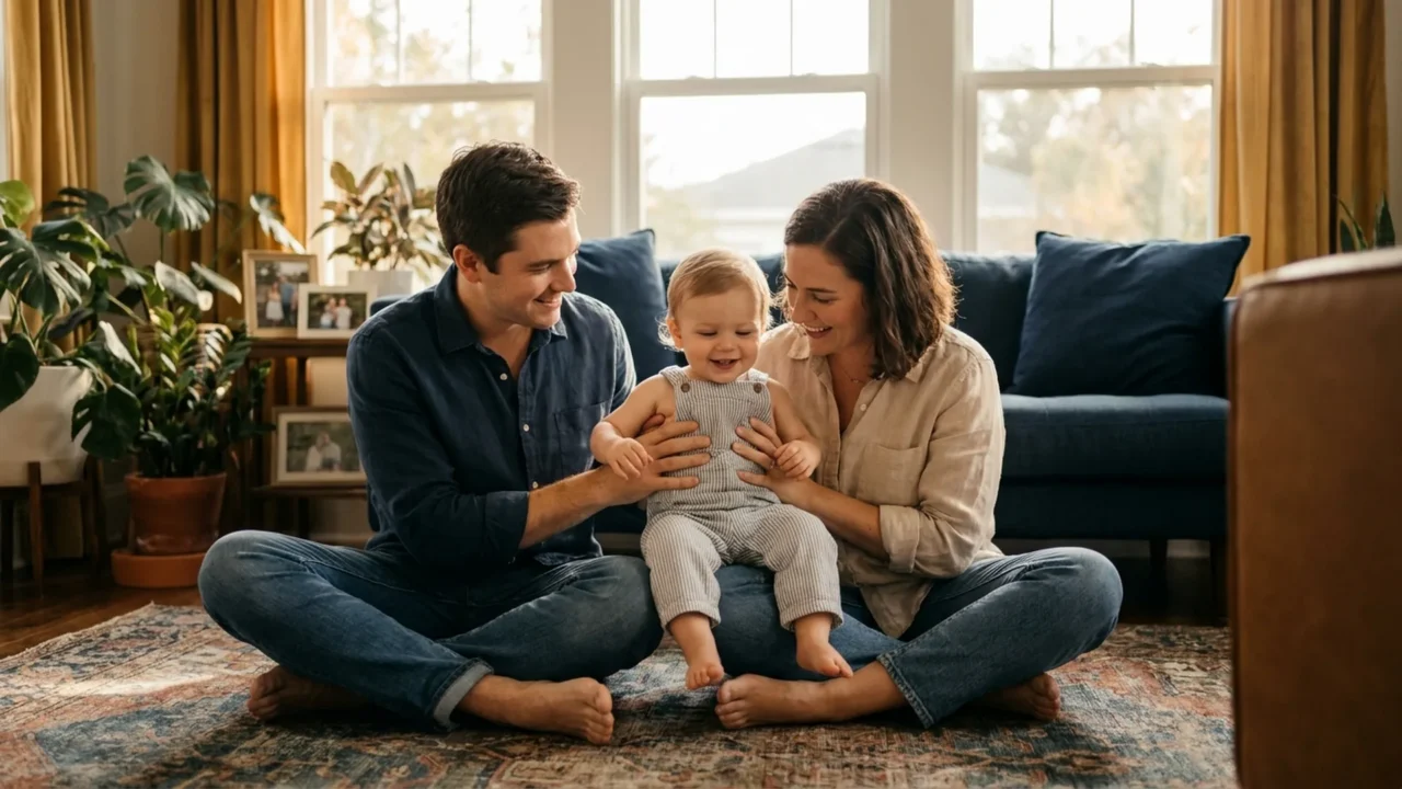 Florida couple smiling with their adopted toddler at home