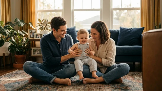Florida couple smiling with their adopted toddler at home