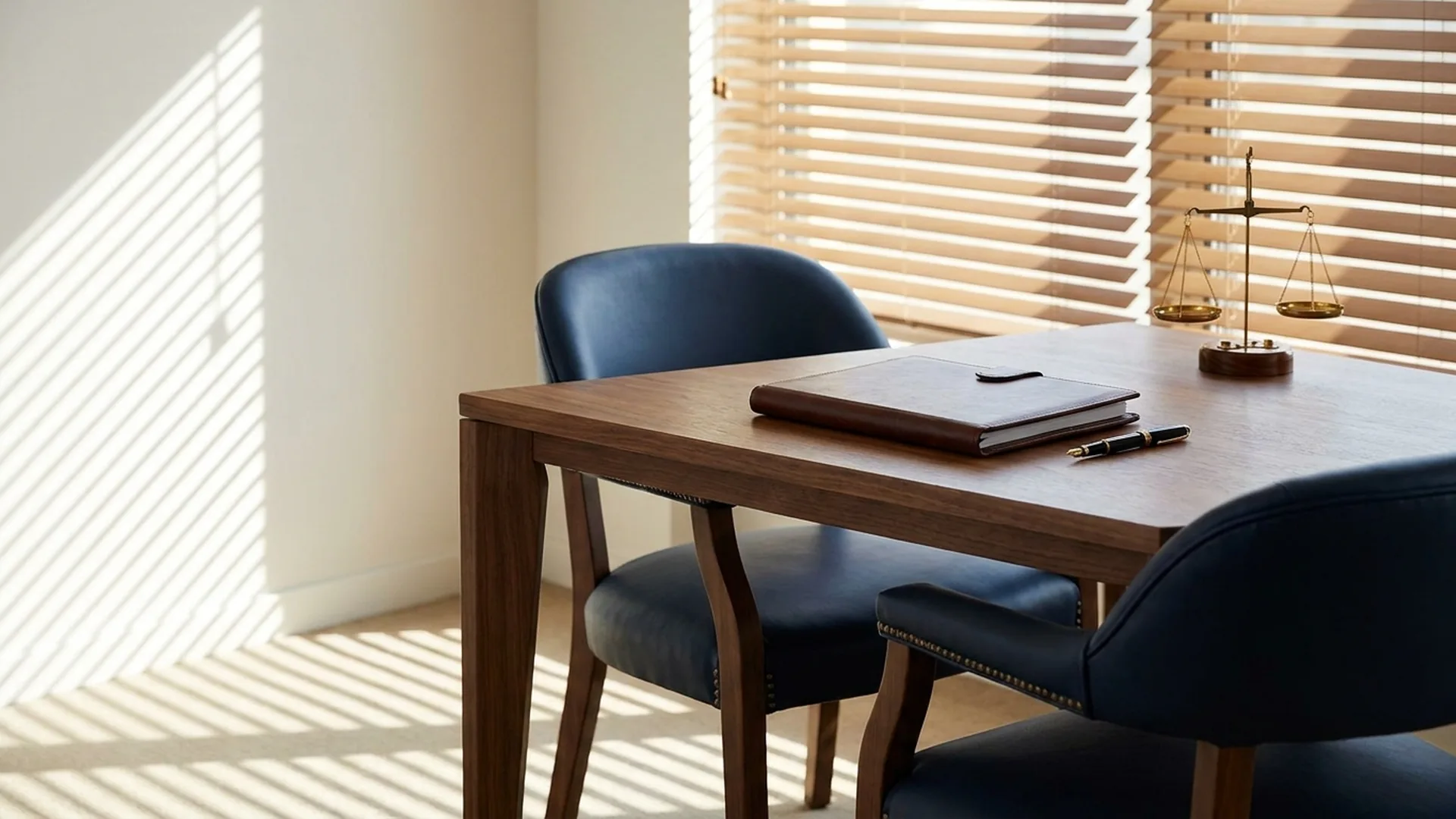 Family law attorney's desk with a legal folder and brass scales of justice for a divorce consultation