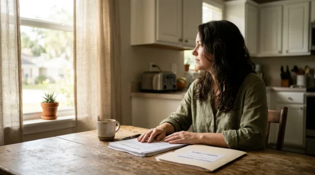Woman at a kitchen table reviewing divorce paperwork in soft morning light, considering leaving a narcissistic spouse