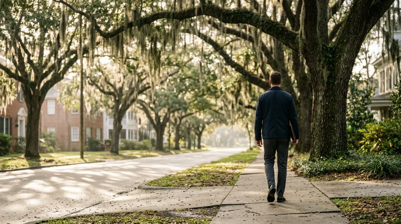Person walking down a tree-lined Jacksonville sidewalk under live oaks, representing forward motion after divorce