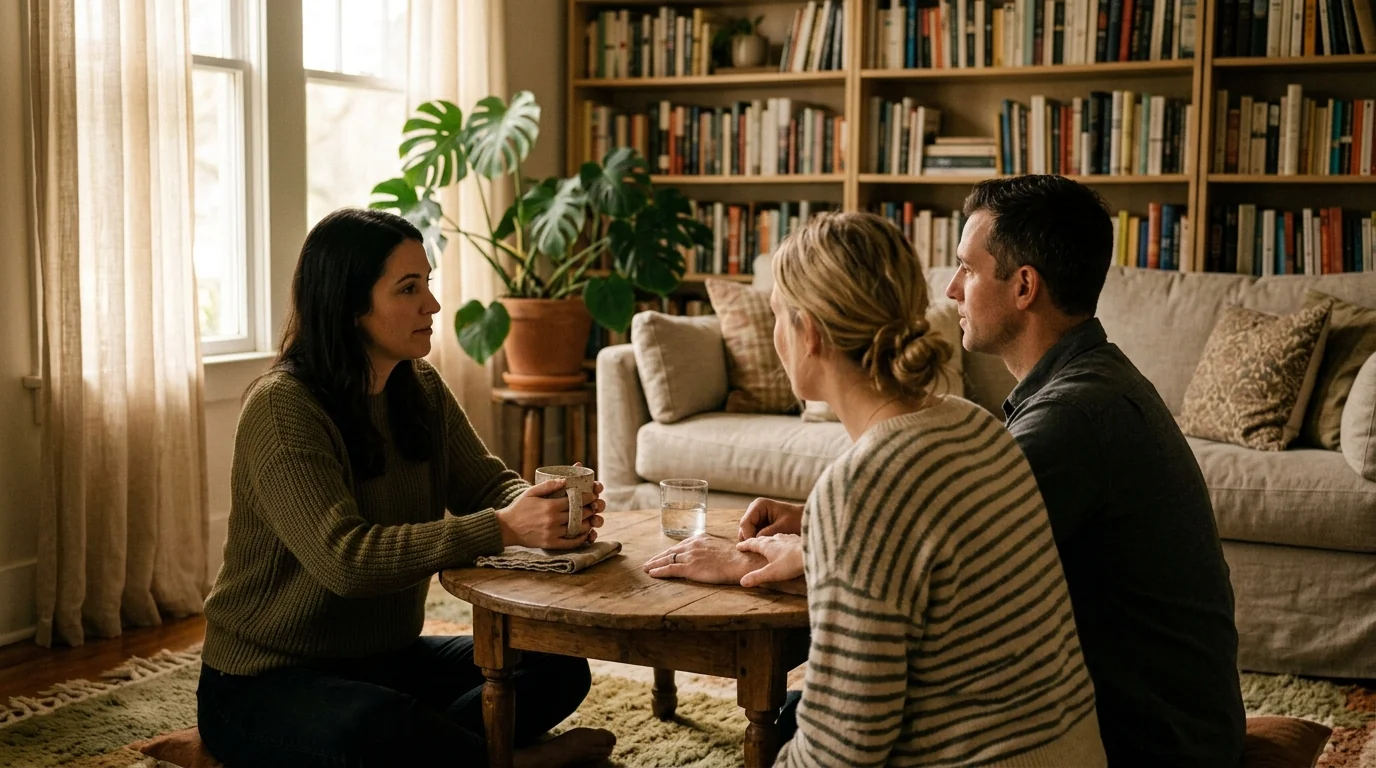 Three adults in quiet conversation in a softly lit living room, a trusted support circle during divorce