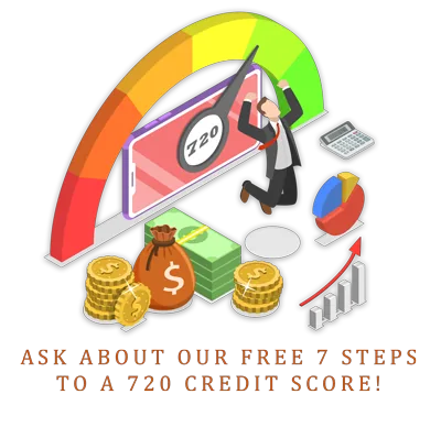 7 Steps to a 720 Credit Score program, credit score scale showing good to excellent range