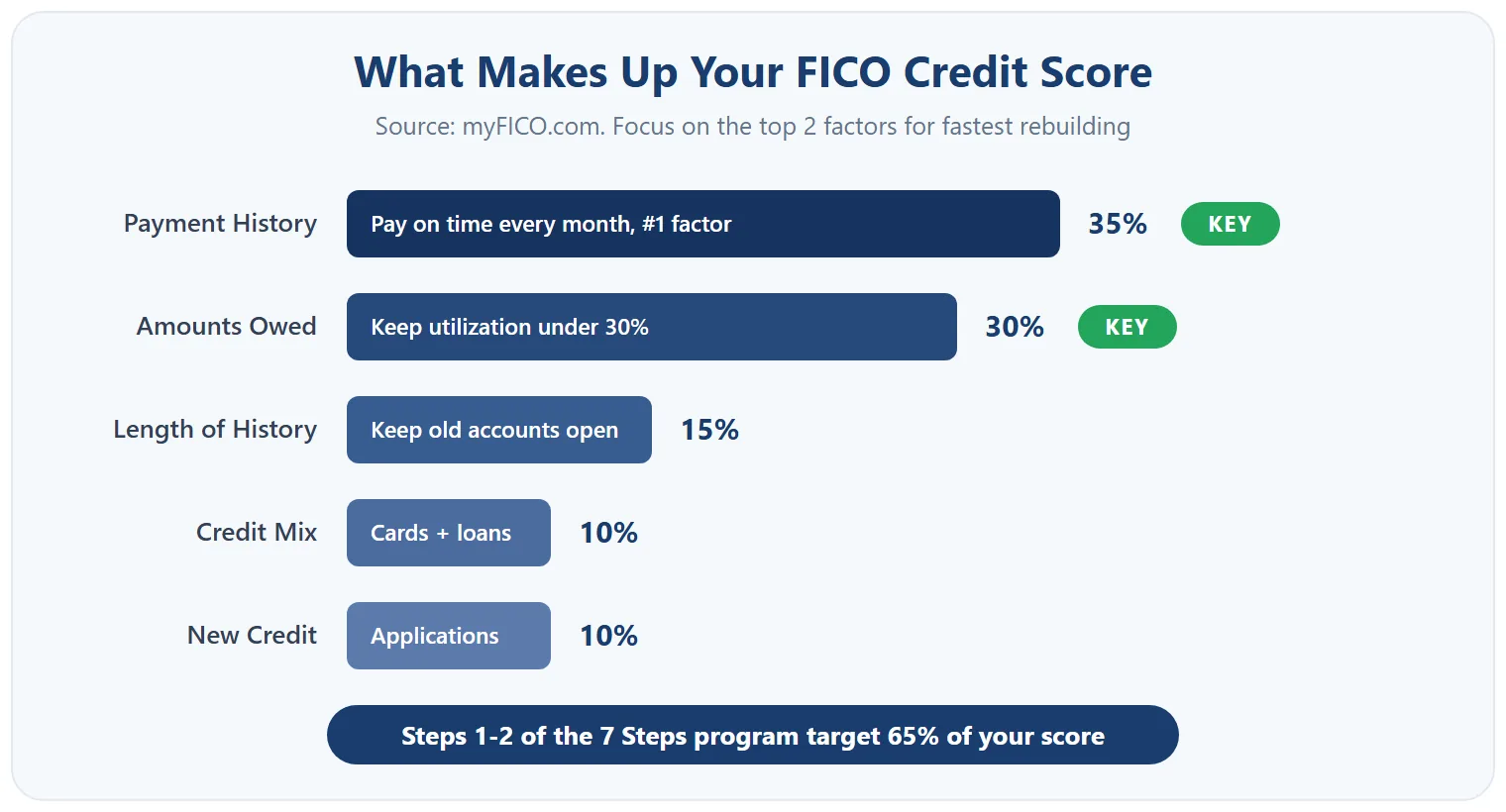 Horizontal bar chart of the five FICO score factors: Payment History 35%, Amounts Owed 30%, Length of History 15%, Credit Mix 10%, New Credit 10%. Payment History and Amounts Owed are the two key factors, 65% of the score.