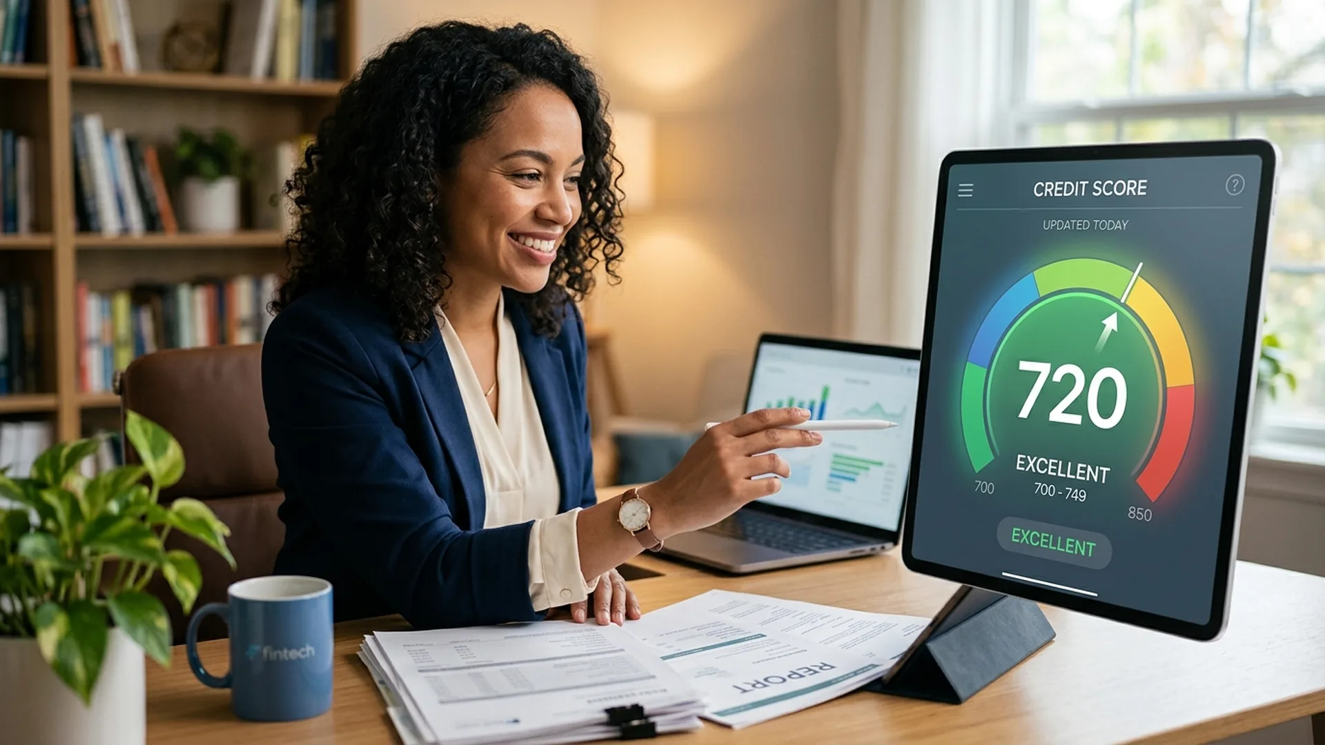 Person reviewing a 720 credit score on a tablet showing an excellent-range gauge dial