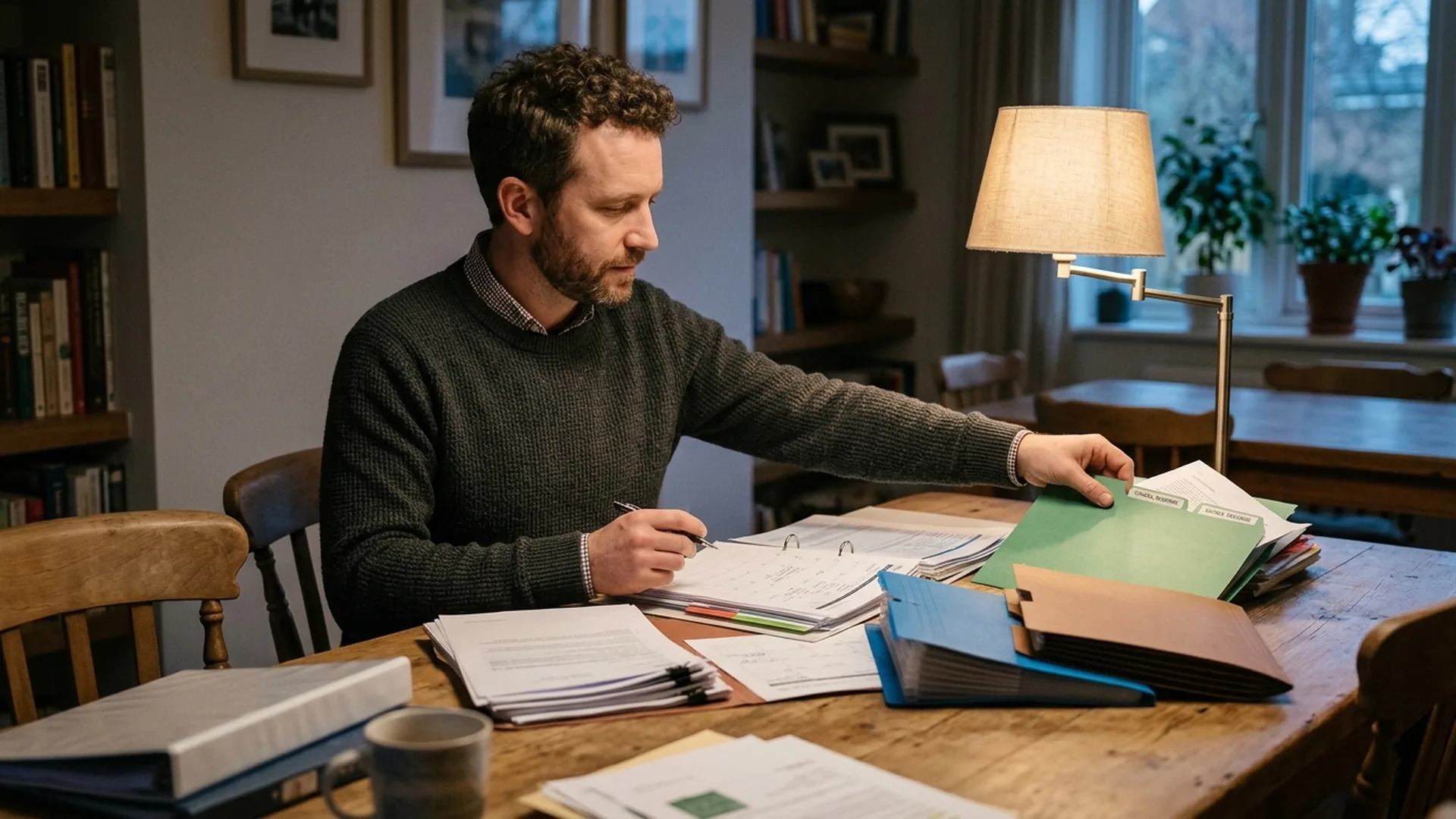 A parent calmly organizing documents and records the evening before a custody mediation session
