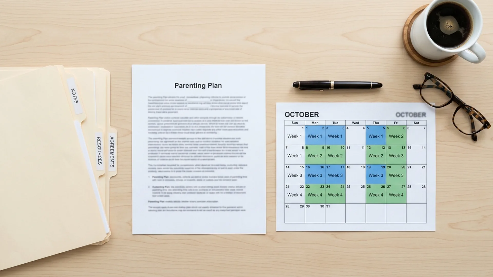 A Florida parenting plan document laid out on a table beside a pen and reading glasses