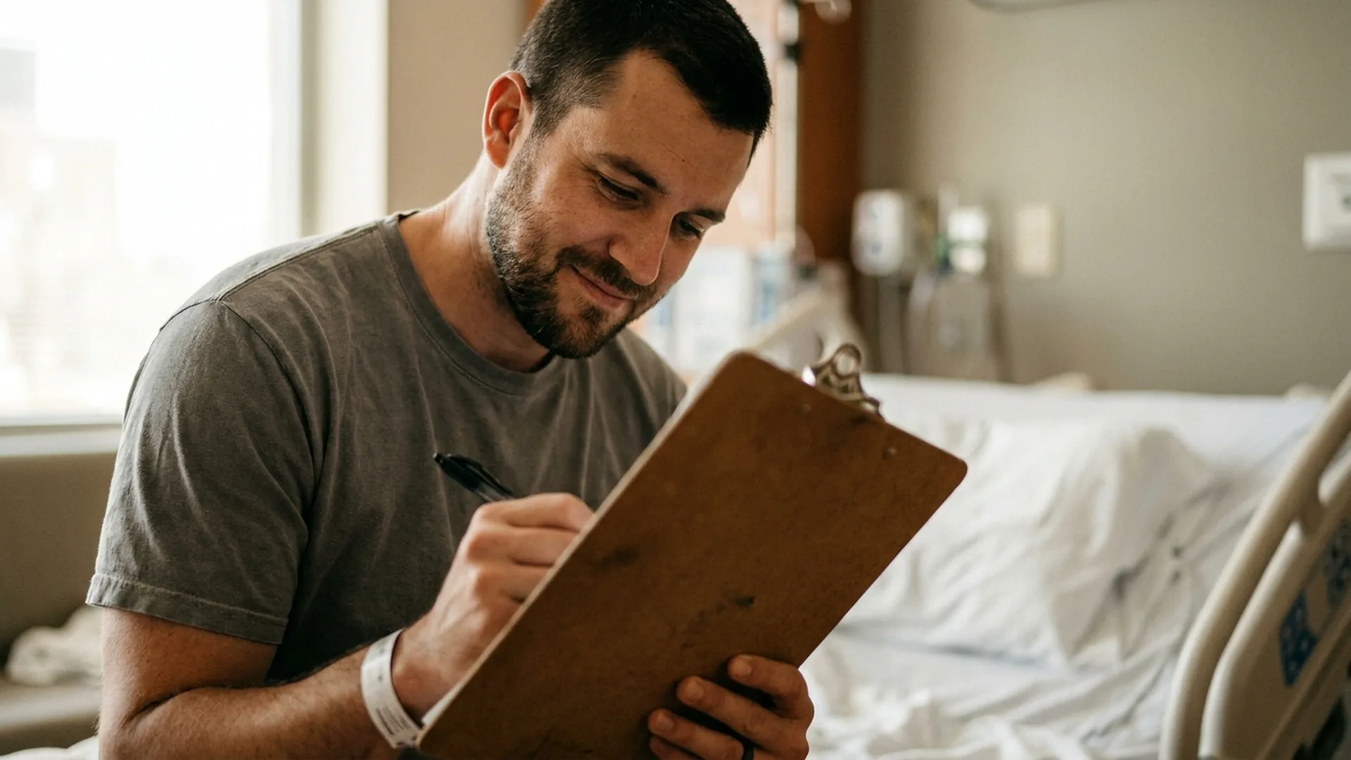 Unmarried father signing paternity acknowledgment paperwork on a clipboard in a hospital room
