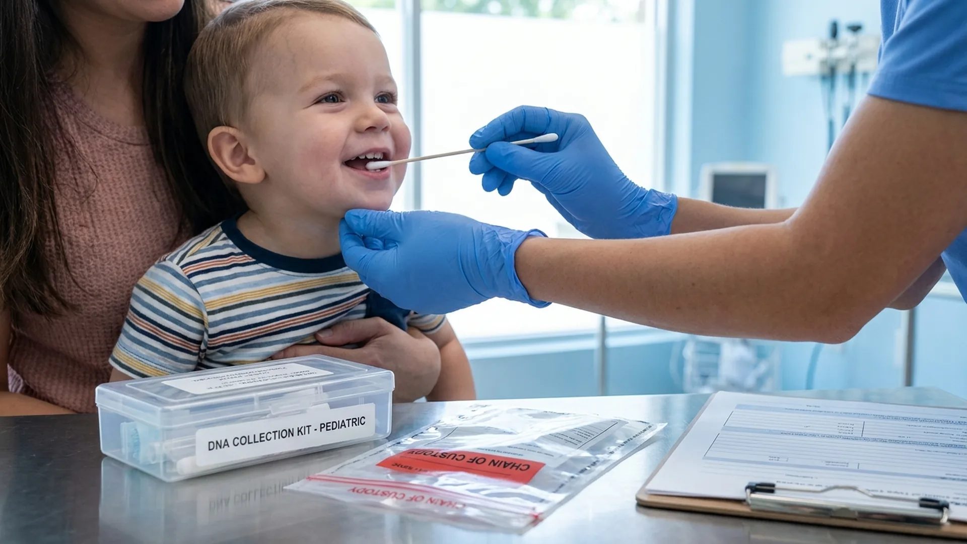 Technician collecting a cheek swab DNA sample from a child with a chain-of-custody kit
