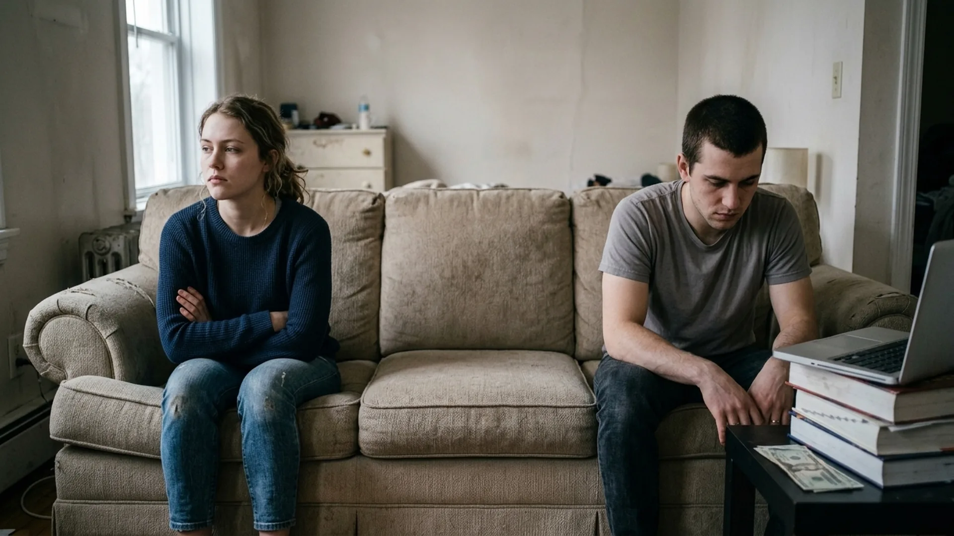 Young couple sitting apart on a couch amid bills and textbooks, showing factors behind teen divorce risk