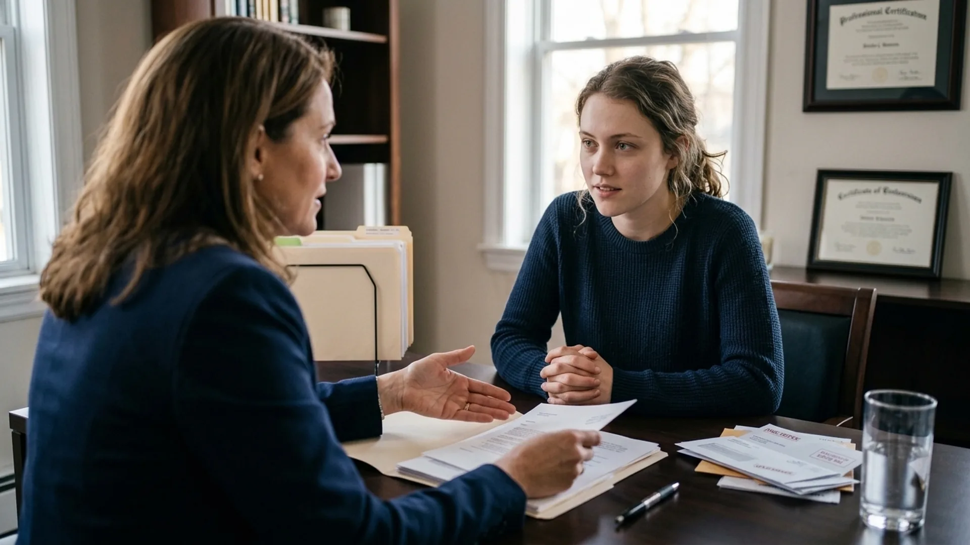 Young woman consulting a family law attorney about divorce paperwork and next steps