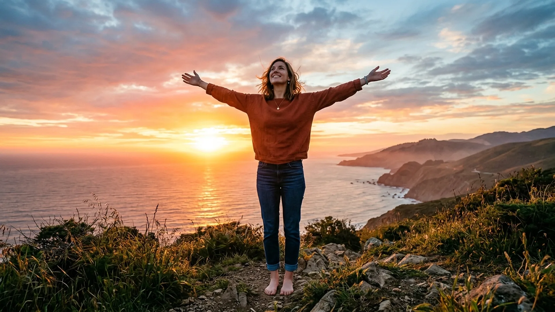 Person with arms open at sunrise, feeling relief and freedom after clearing debt