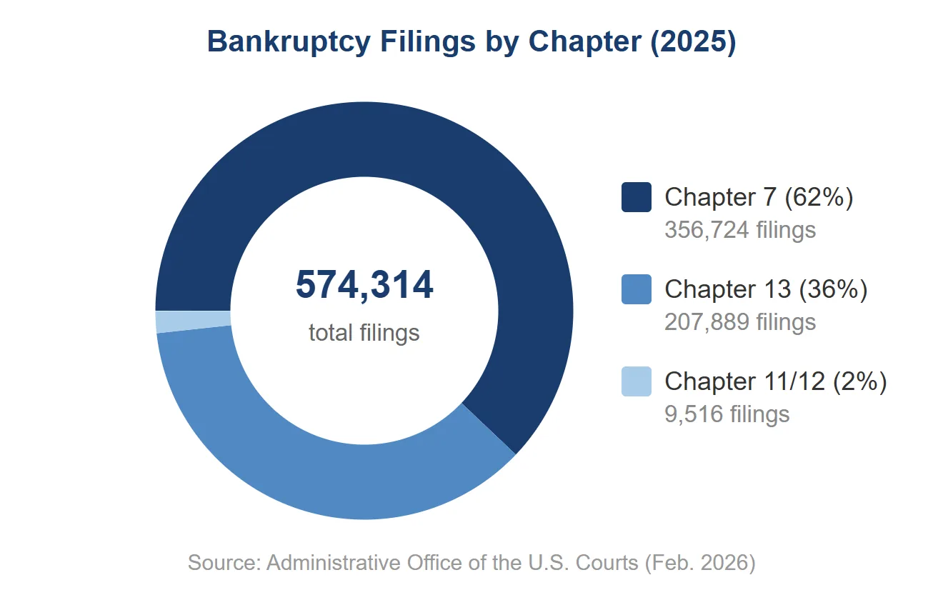 Donut chart showing 62 percent Chapter 7 (356,724 filings), 36 percent Chapter 13 (207,889 filings), and 2 percent all other chapters (9,701 filings) in 2025