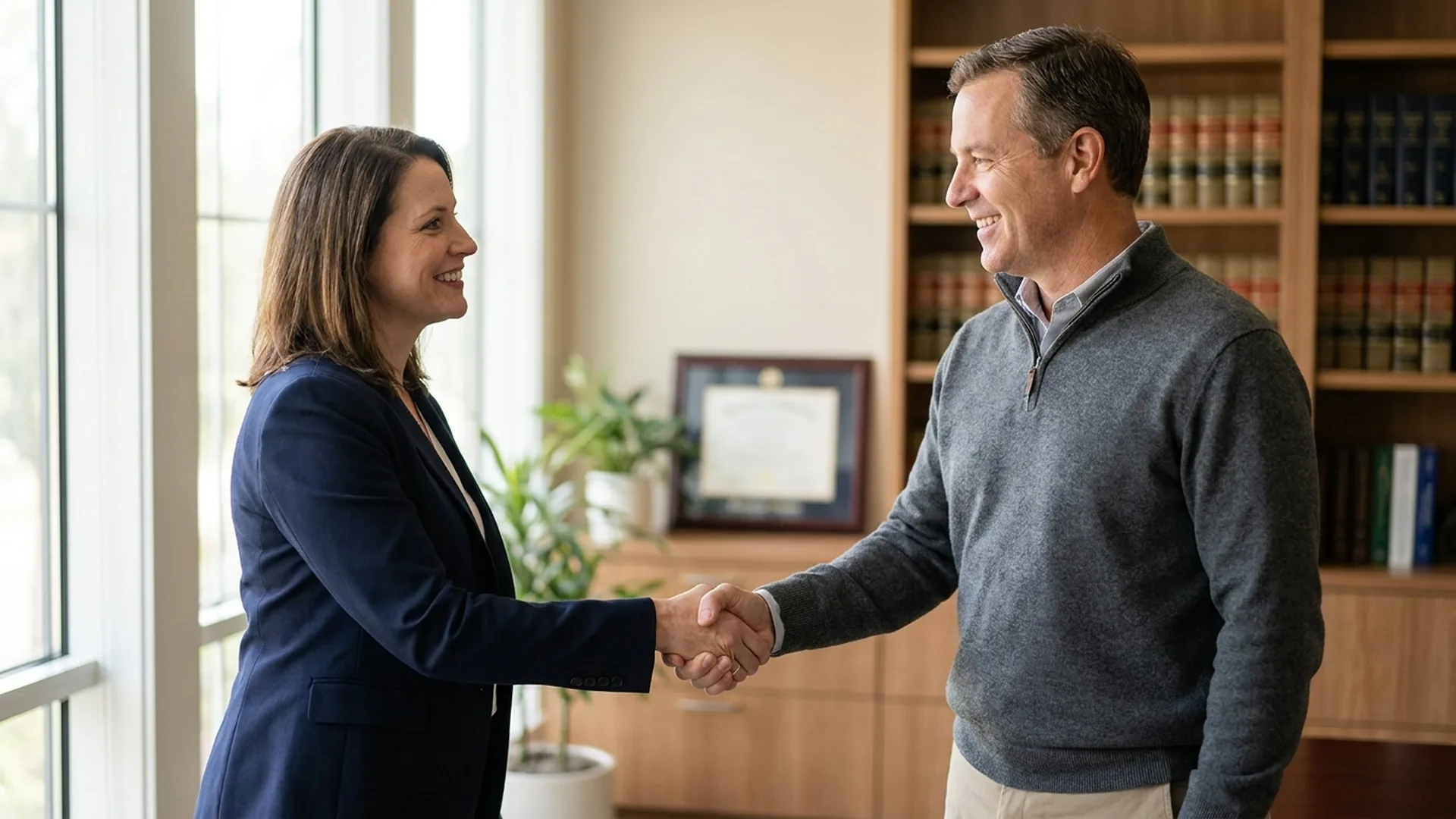 Jacksonville bankruptcy attorney shaking hands with a relieved client at Sacks & Sacks