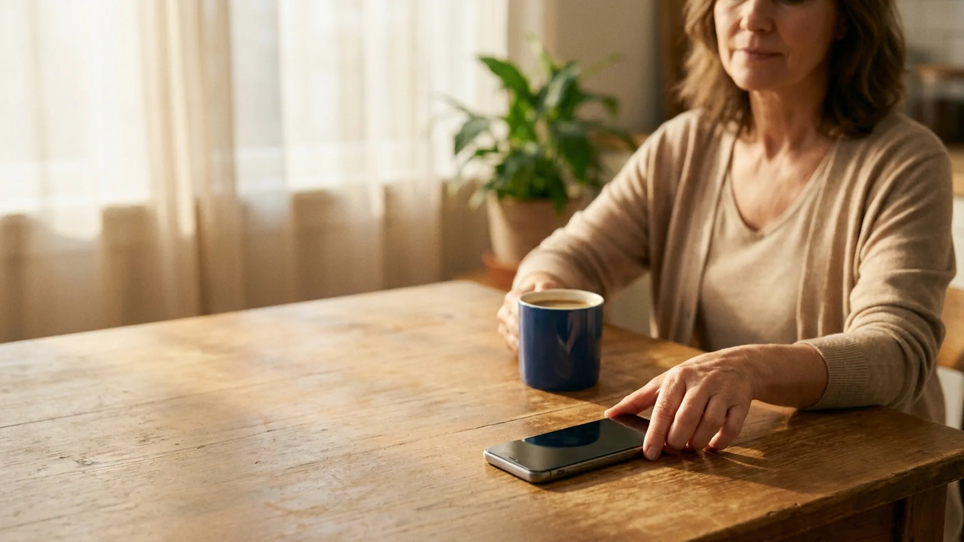 Relieved person setting a silenced phone face-down as creditor calls stop