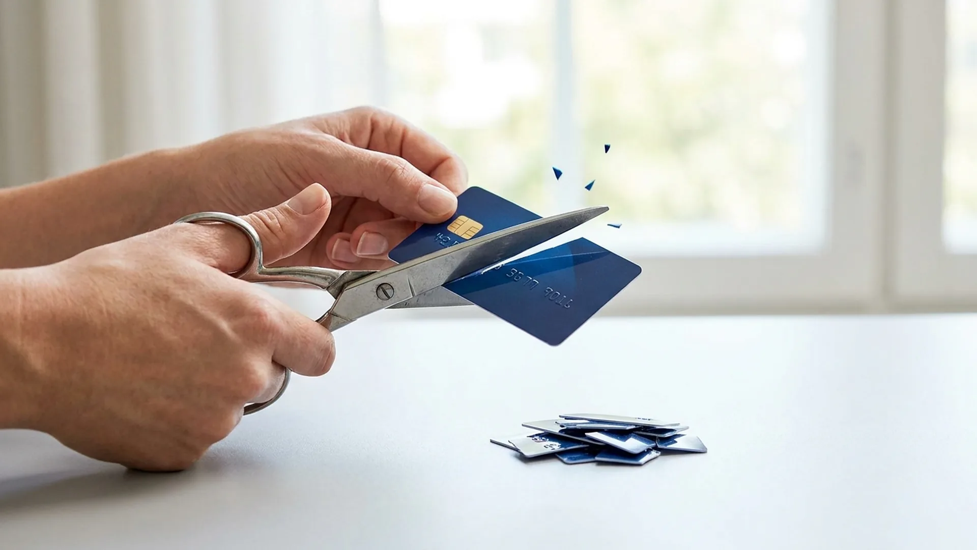 Hands cutting a credit card in half, symbolizing debt discharged in Chapter 7
