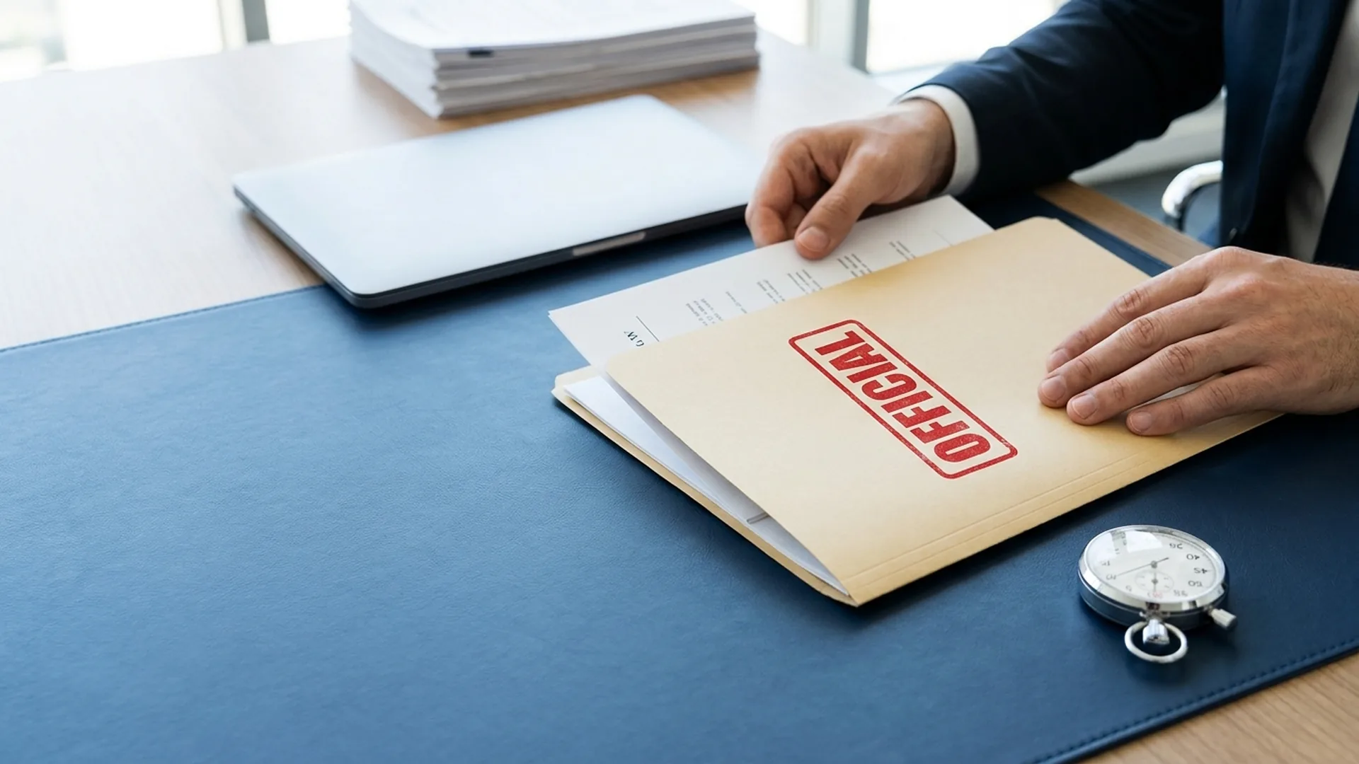 Hands filing stamped bankruptcy paperwork beside a stopwatch, showing fast Chapter 7 filing