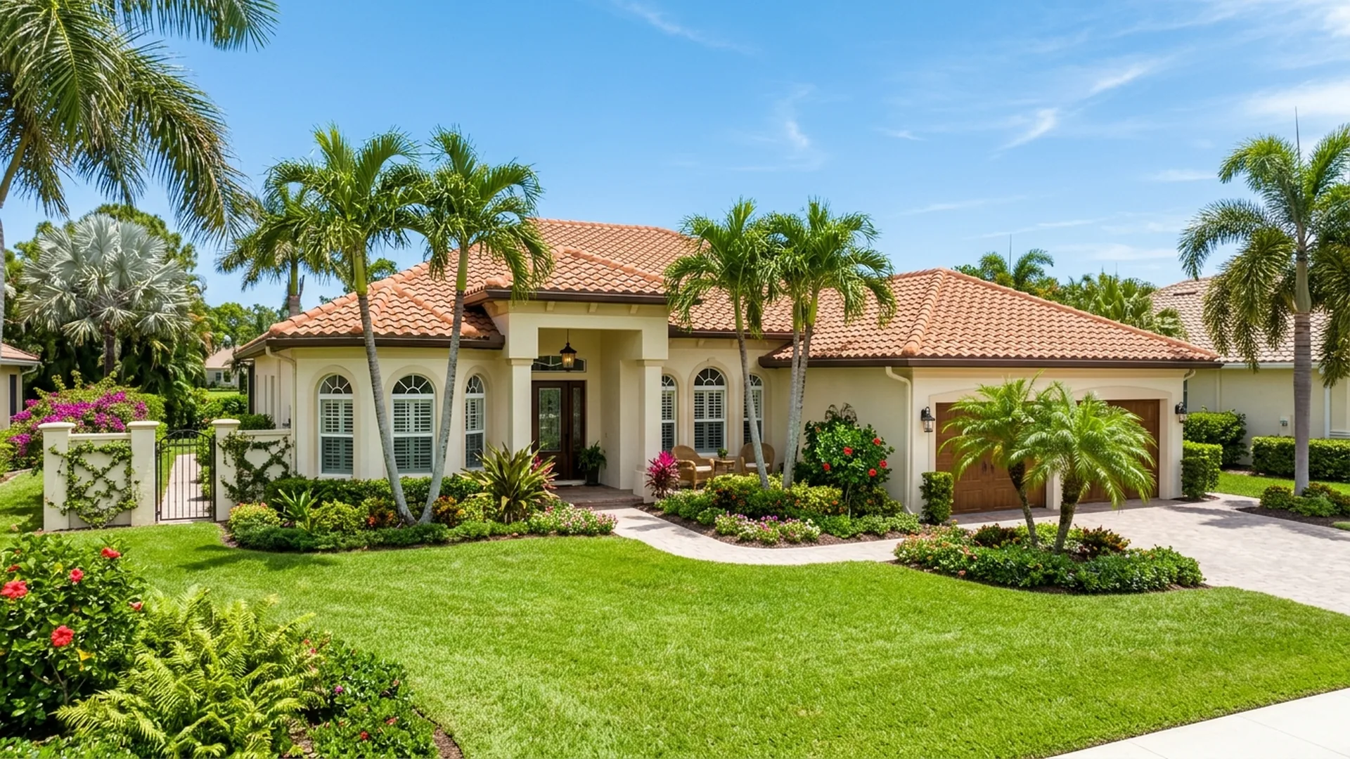 Florida single-family home with palm trees, protected by the homestead exemption