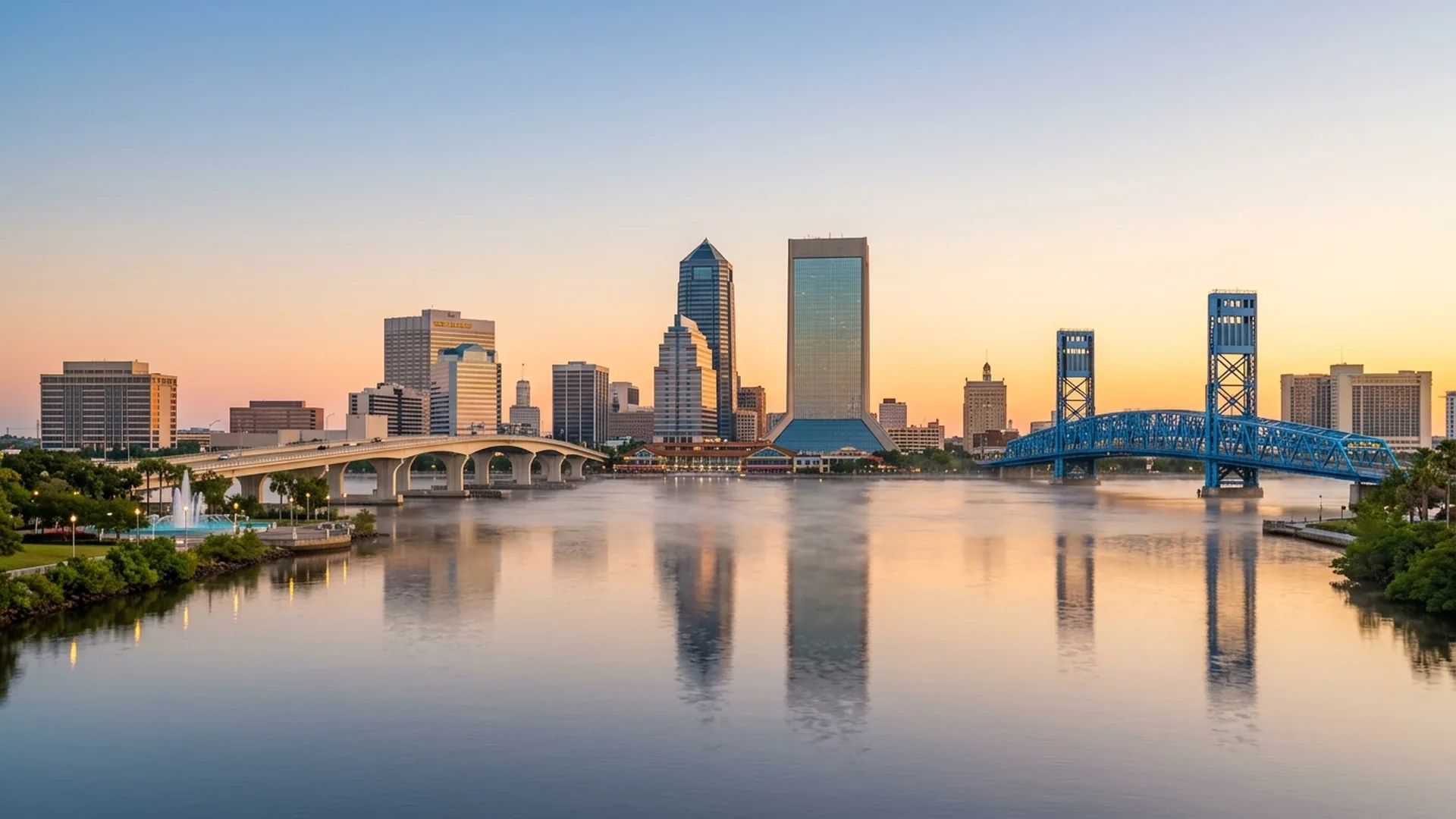 Downtown Jacksonville skyline at sunrise over the St. Johns River, symbolizing a financial fresh start