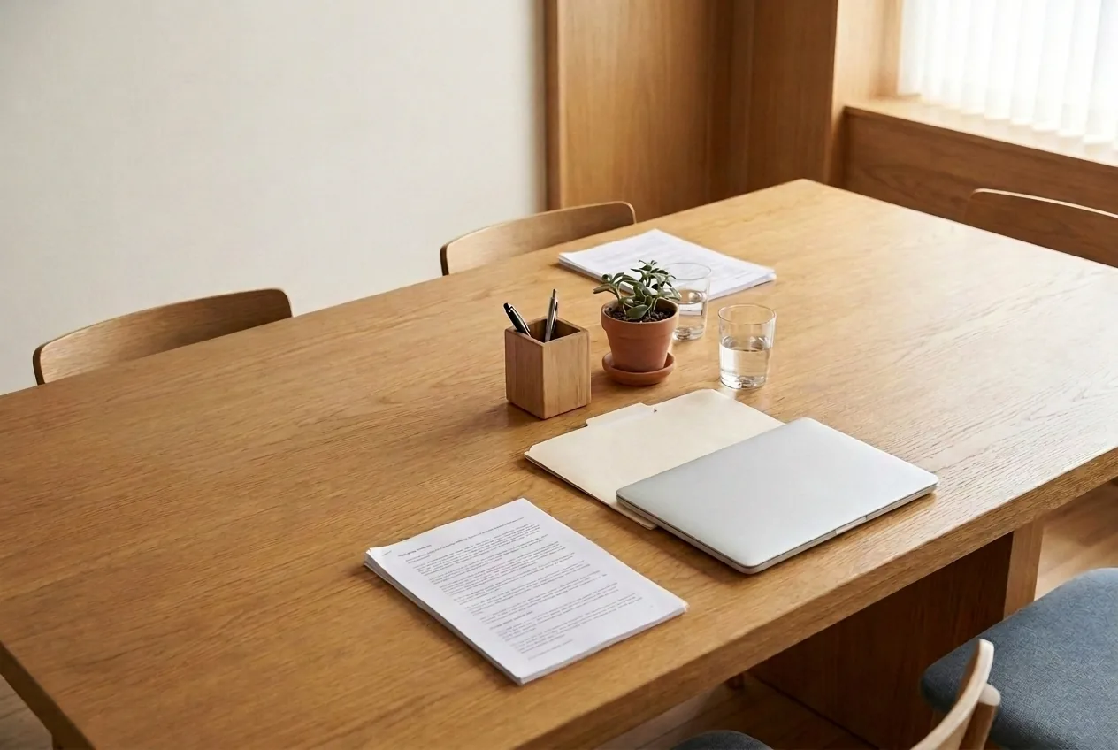 A warm wood conference table with two document stacks, a pen caddy, a small plant, water glasses, and a closed laptop