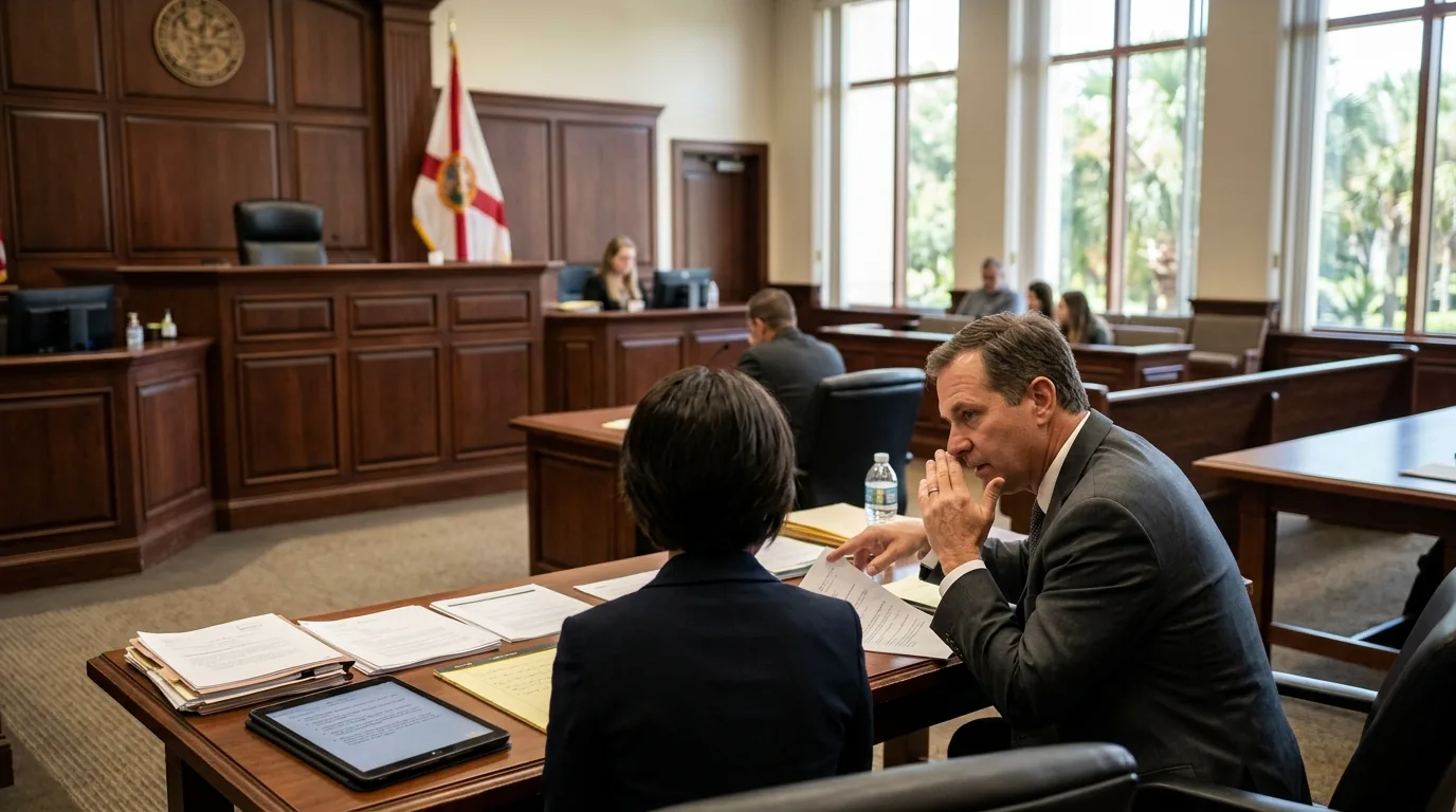 Attorney conferring with a parent at the respondent's table in a Florida family-law courtroom
