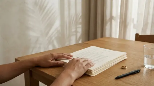 Hands rest on a thick stack of divorce paperwork at a sunlit Jacksonville dining table, wedding band and pen beside