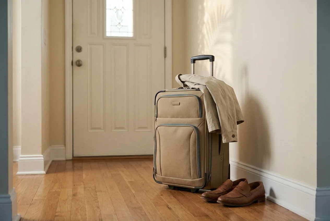 A packed tan suitcase stands by the front door of a Jacksonville home in warm afternoon light