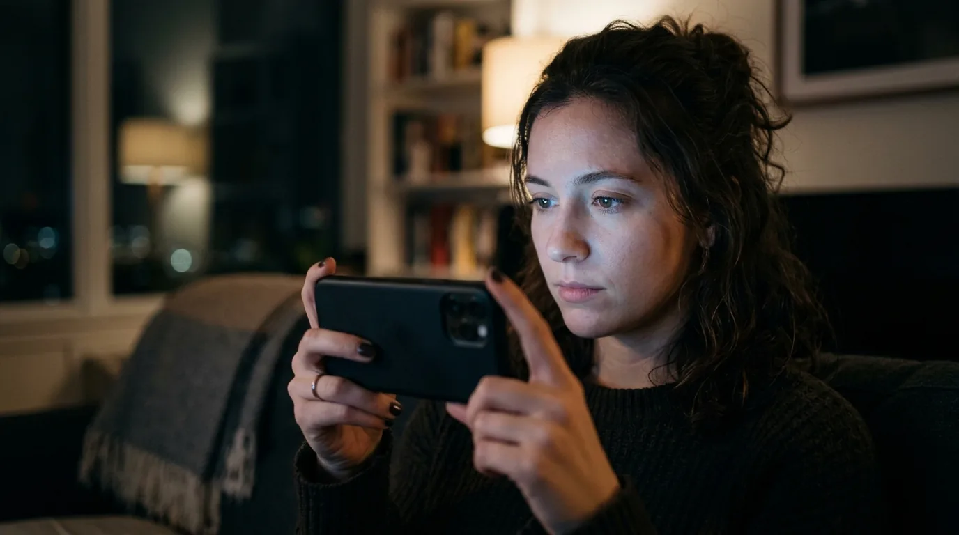 Woman at night looking at her phone, the screen's glow lighting her face