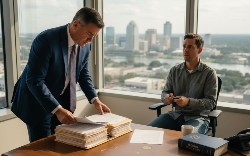 Attorney advising client in Florida law office