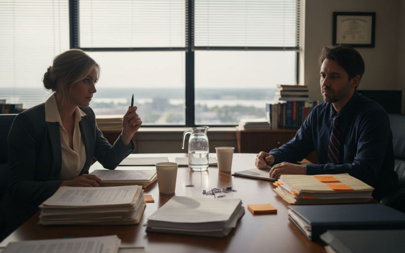 Divorcing couple reviewing paperwork in law office