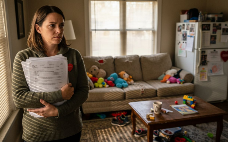 Woman holding legal papers in apartment