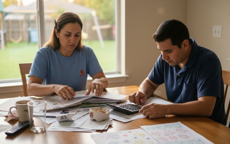 Florida family reviewing bills at kitchen table