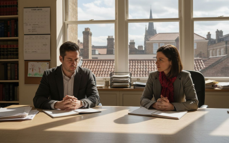 Divorced parents discussing custody with lawyer