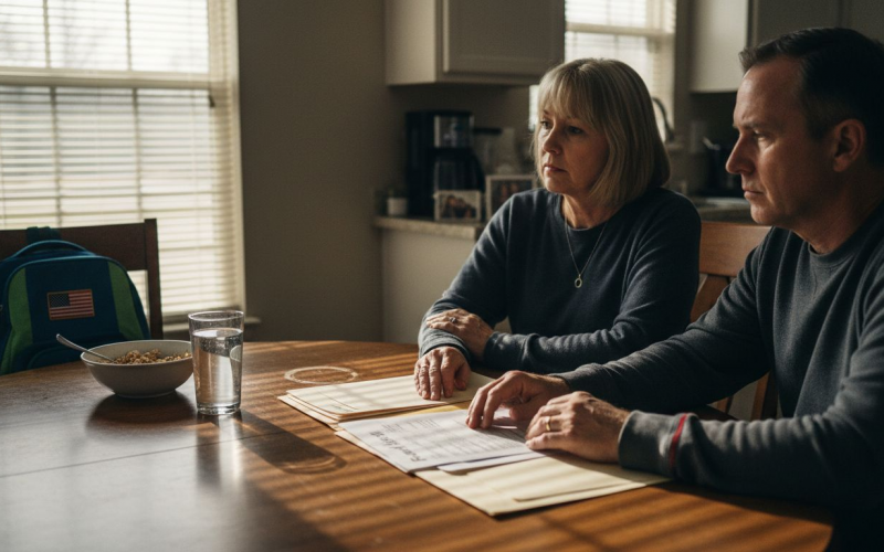 Florida parents at kitchen table reviewing divorce papers